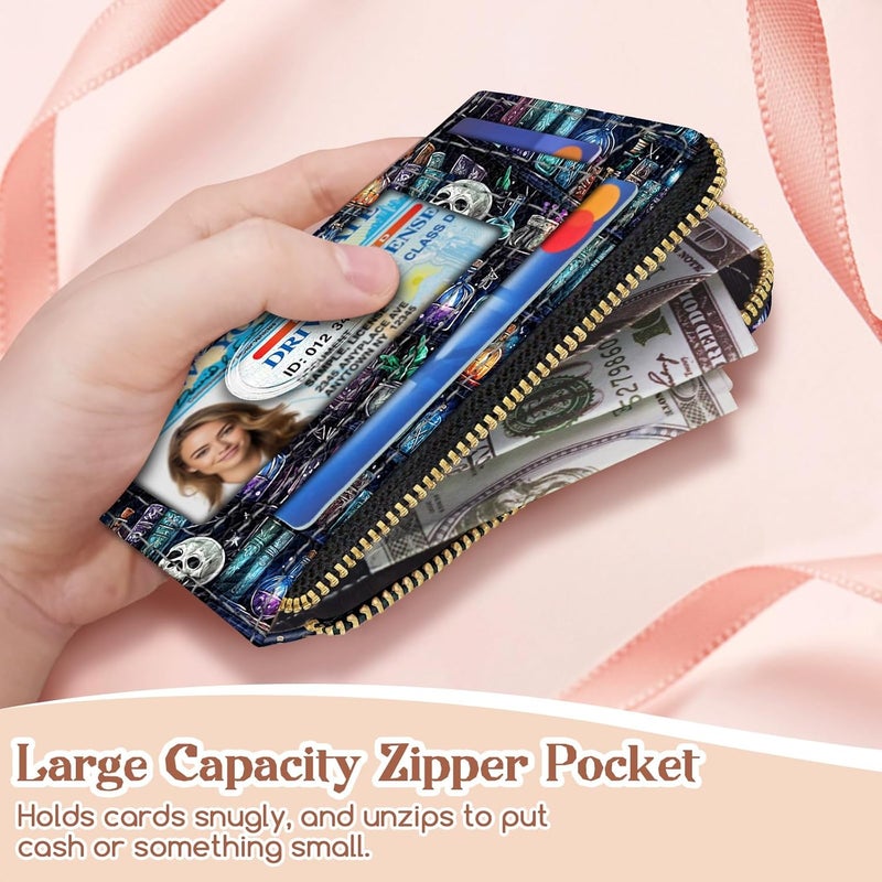 GIANCOMICS Slim Wallet Credit Card Holder Women, Goth Bookshelf Rfid Blocking Small Card Case, Keychain Thin Pocket Curved Zipper Wallet, Travel Card Holder PU Leather ID Window, Ladies Female Gifts - Image 3